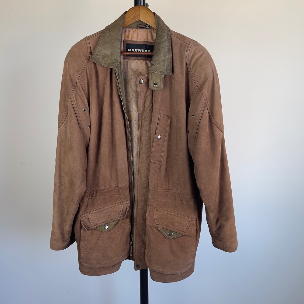 VNTG Maxwear Men Medium Brown Nubuck Leather Barn Jacket Field Coat 90s Workwear